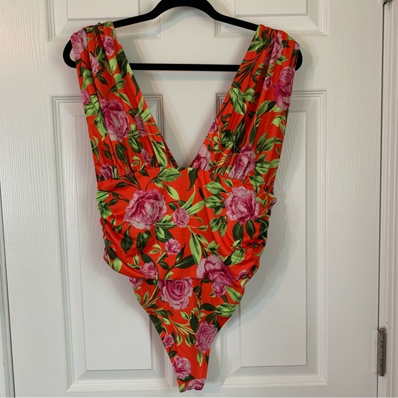 NWT ZARA Red Floral Deep V Neck Bodysuit, size L - Picture 9 of 9